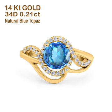 14K Yellow Gold 1.49ct Art Deco Round 7mm G SI Natural Blue Topaz Diamond Engagement Wedding Ring Size 6.5